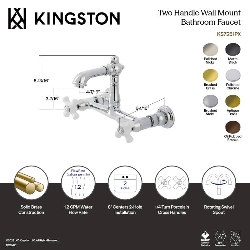 Kingston Brass English Country Two-Handle 2-Hole Wall Mount Bathroom Faucet