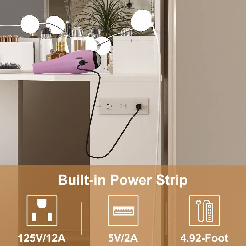 Corner Vanity Mirror with Lights and Table Set & Power Outlet