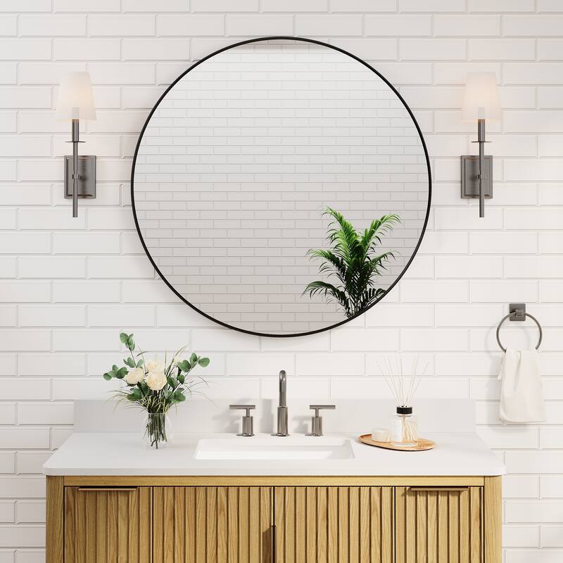 Modern Bathroom Wall Mounted Anodized Aluminum Framed Wall Vanity Mirror - 36 in.Wx 36 in.H-Round - Matte Black