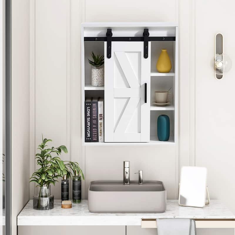 Rustic Wooden Wall Mounted Storage Cabinet with Sliding Barn Door - 27.6"H - White