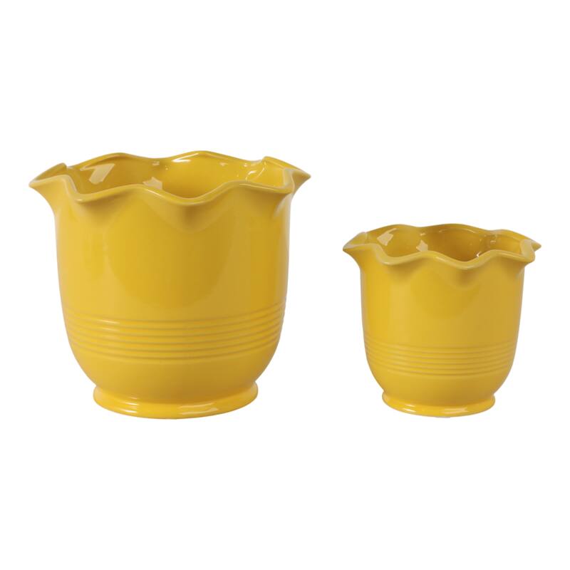 Ceramic Planter Scalloped Rim Ribbed Design Home Decor (Set of 2) - 8" x 8" x 6.75" - Yellow - 8" x 8" x 6.75"