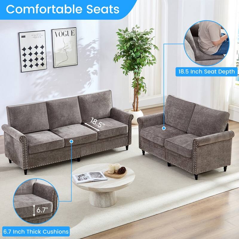 Mixoy 2 Piece Living Room Sofa Set with Riveted Design,Chenille Nailhead W76''3-Seater Sofa Couch with W53''Loveseat Sofa