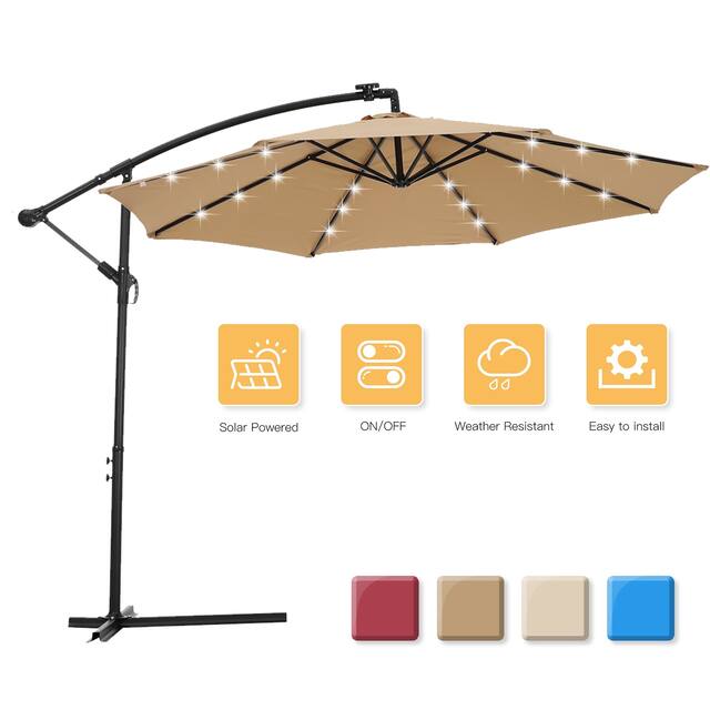10 FT Solar LED Patio Outdoor Umbrella Hanging Cantilever Umbrella Offset Umbrella Easy Open Adustment with 24 LED Lights - Taupe