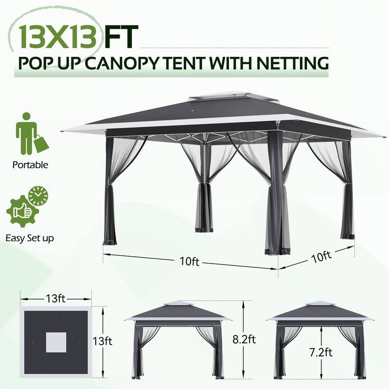 13x13 FT Pop Up Canopy Tent with Netting, UPF 50+ Outdoor Canopy with Automatic Eaves & One-Push Lock, for Patio & Parties