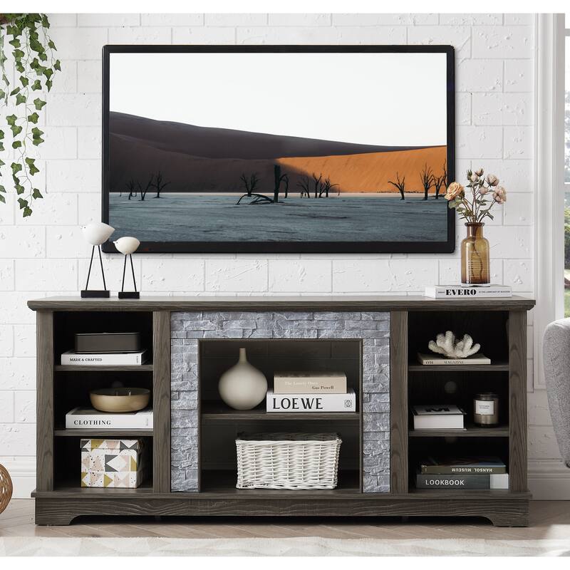 Anmytek Farmhouse TV Stand with Faux Stacked Stone Surround Accent Media Console for 60-69 inches TV Rustic Storage Cabinet - Grey