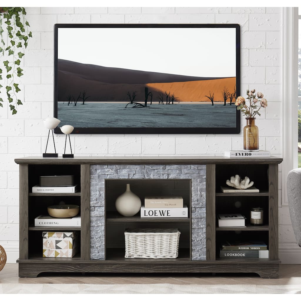 Mantel Stone TV Media Stand with with Faux Stacked Stone Surround, Entertainment Console with Open and Closed Storage Space