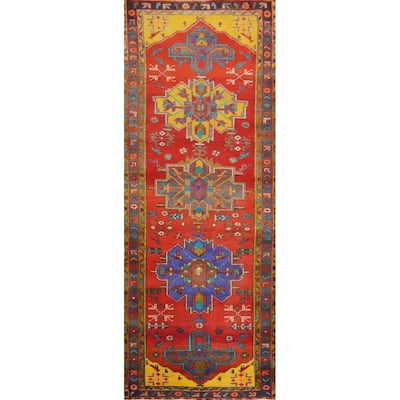 Hand Knotted Oriental 100% Wool Carpet Traditional Geometric Oranges & Rust Heriz Runner Rug - 9' 6'' X 3' 3''