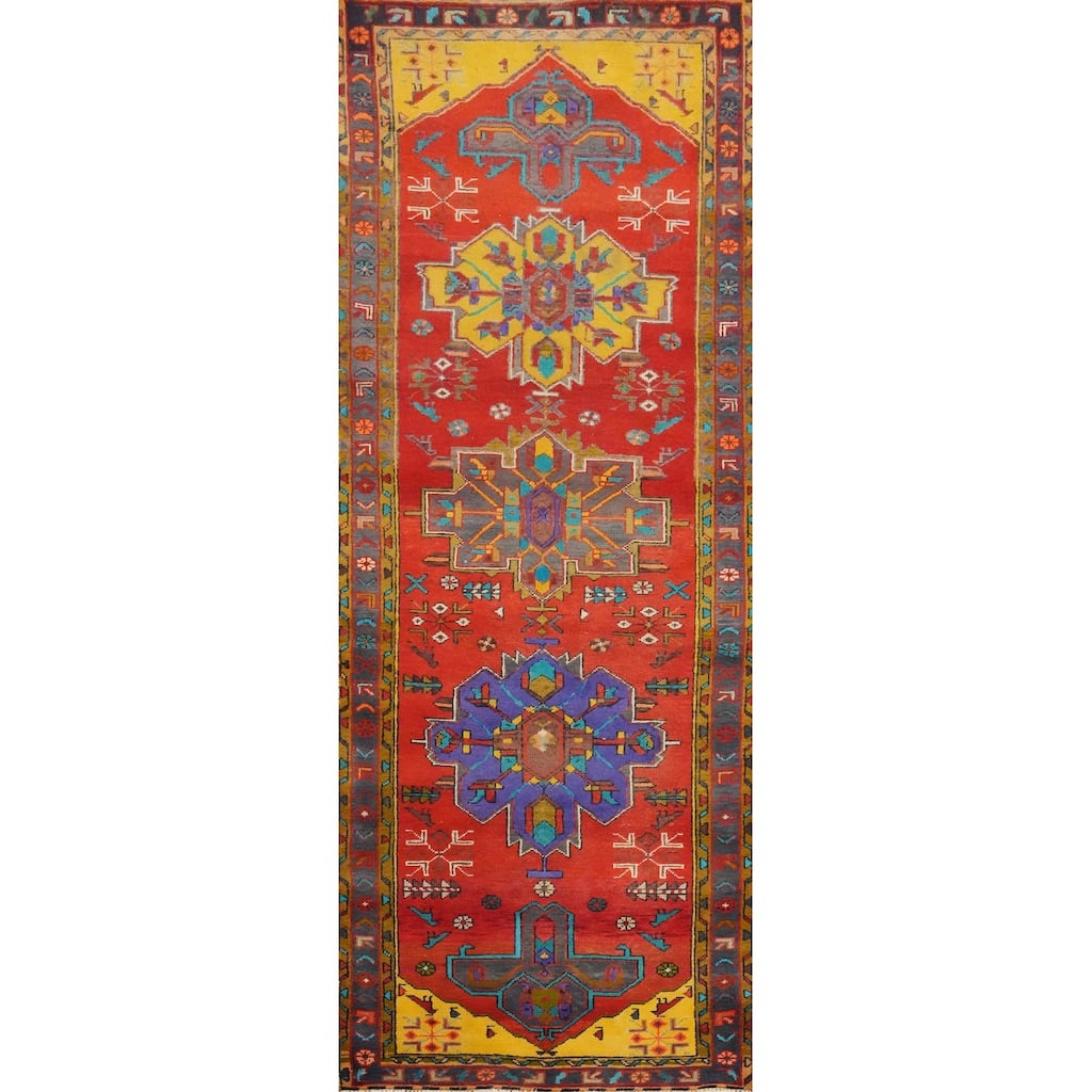 Hand Knotted Oriental 100% Wool Carpet Traditional Geometric Oranges & Rust Heriz Runner Rug - 9' 6'' X 3' 3''