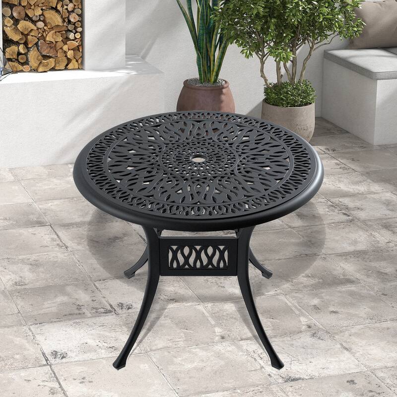 35.43-inch Cast Aluminum Patio Dining Table With Black Frame and Umbrella Hole - Black
