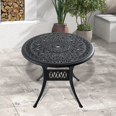 GDFStudio- Darion 35-Inch Round Cast Aluminum Outdoor Dining Table with Umbrella Hole