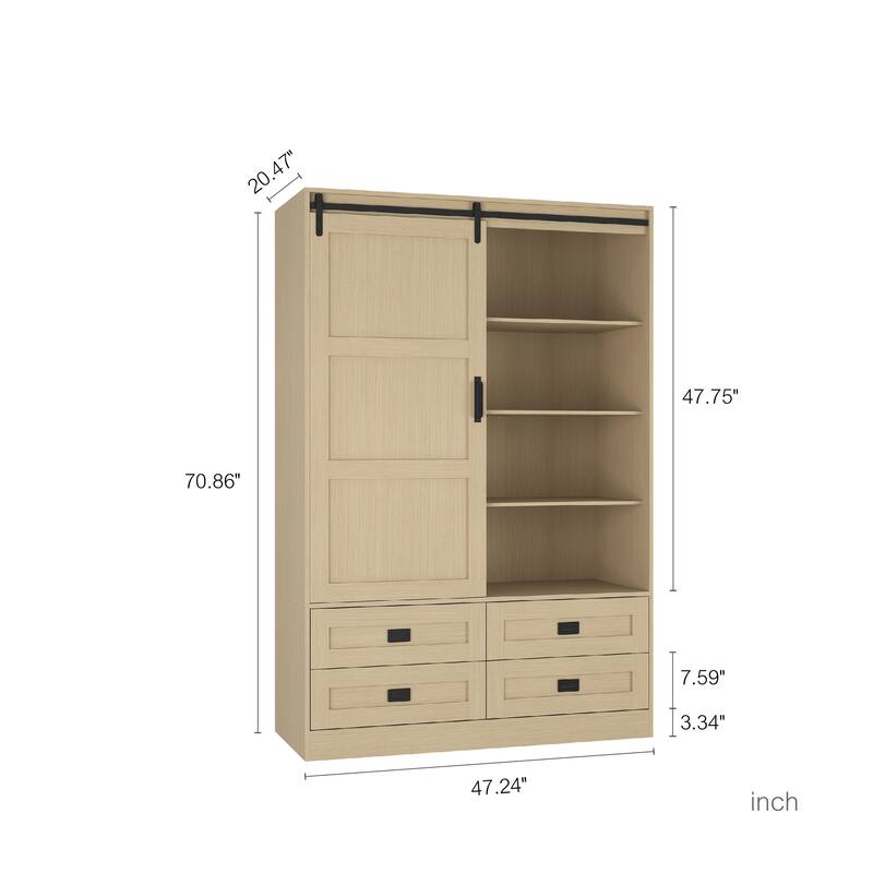 Classic Sliding Barn Door Wardrobe Bedroom Armoire Closet Clothing Storage Cabinet with Hanging Rod, Drawers & Open Shelves