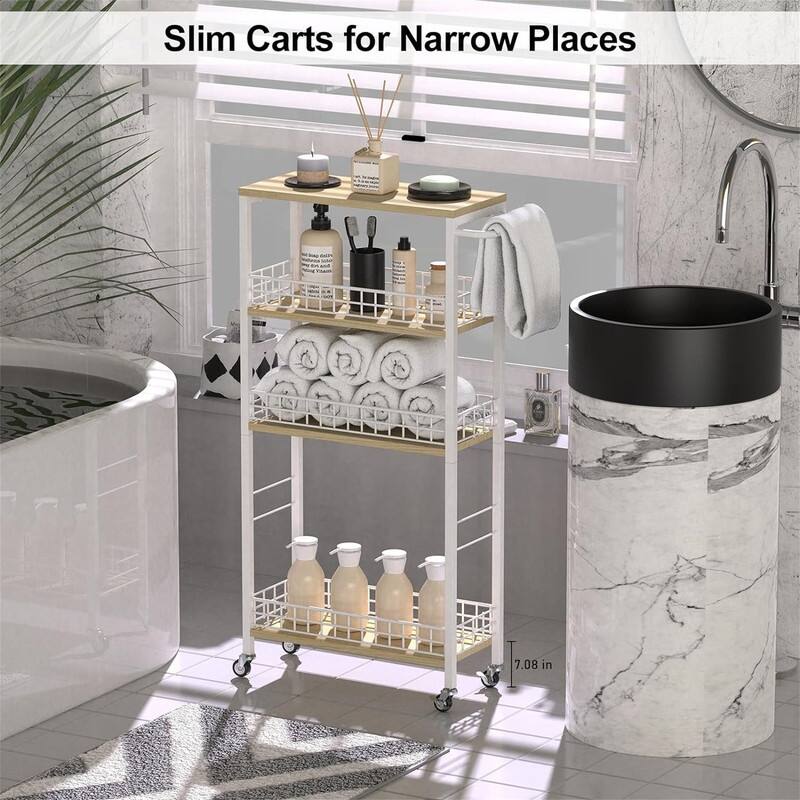 Storage Cart Rolling Kitchen Cart with Wheels Narrow Laundry Storage Utility Cart - 7.08"D x 16.53"W x 34.56"H