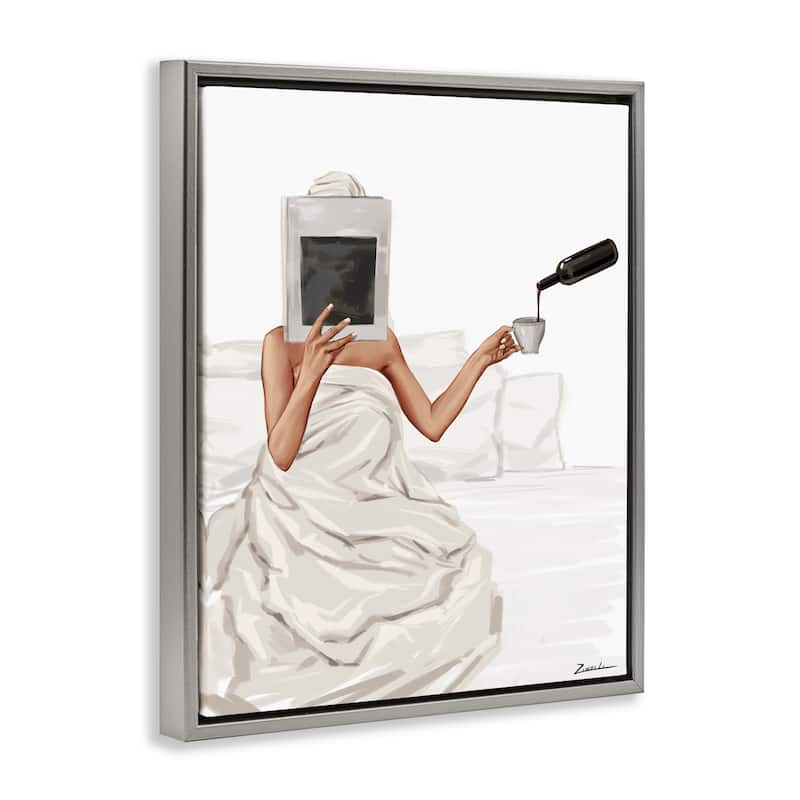 Stupell Cozy in Bed with Drink Framed Floater Canvas Wall Art Design By Ziwei Li