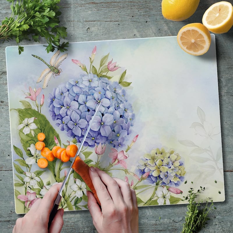 Nature's Grace Dragonfly Hydrangea 3mm Heat Tolerant Tempered Glass Cutting Board 15” x 12” Made in the USA Dishwasher Safe