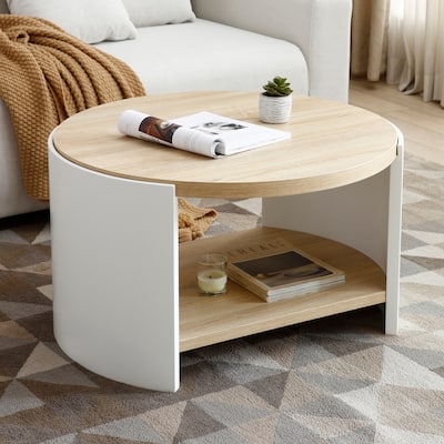 31" x 31" Round Coffee Table - 2-Tier Wood Desktop with Storage Shelf