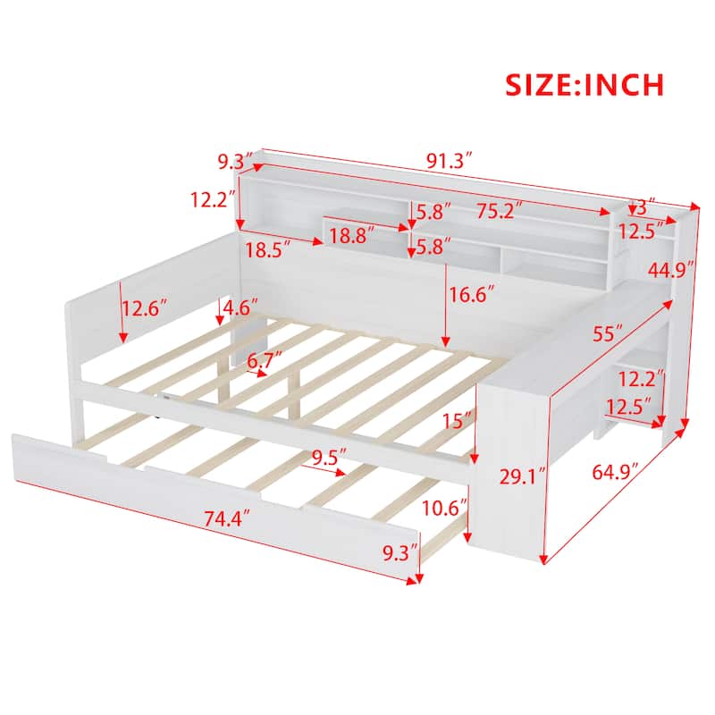 Wooden Full Size Daybed with Storage Shelves
