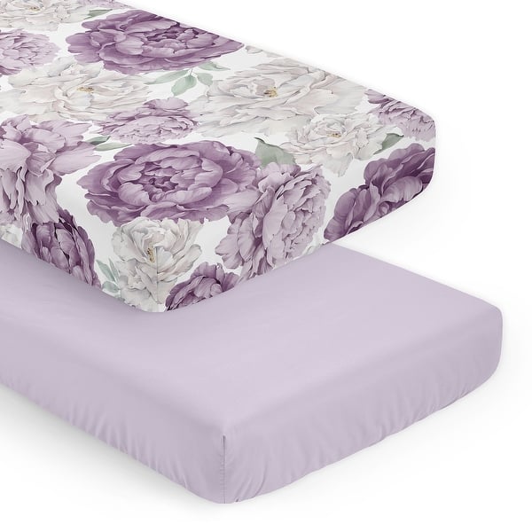 slide 2 of 6, Sweet Jojo Designs Boho Shabby Chic Floral Girl 2 Pack Fitted Crib Sheets Solid Purple Ivory Bohemian Vintage Watercolor Elegant