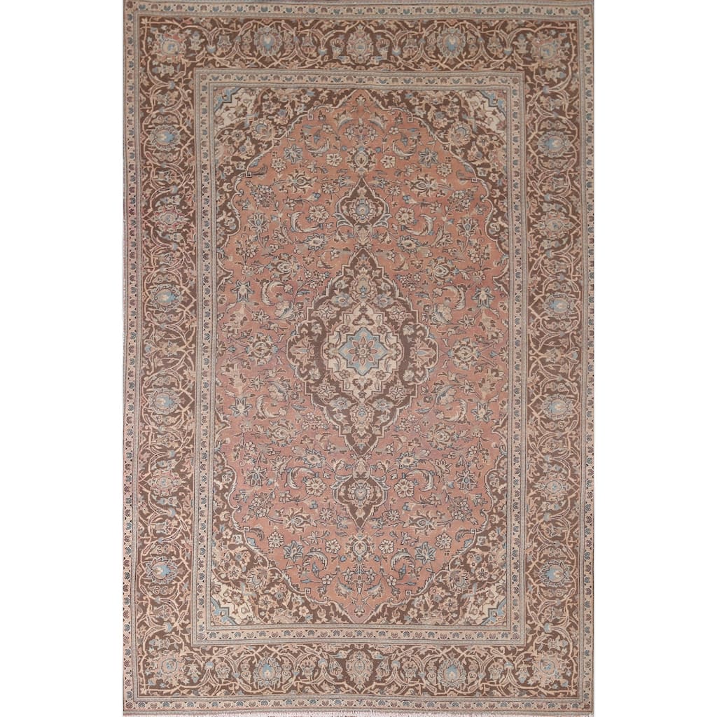 Traditional Pink Mashad Persian Vintage Rug Handmade Wool Carpet - 6'5"x 9'5"