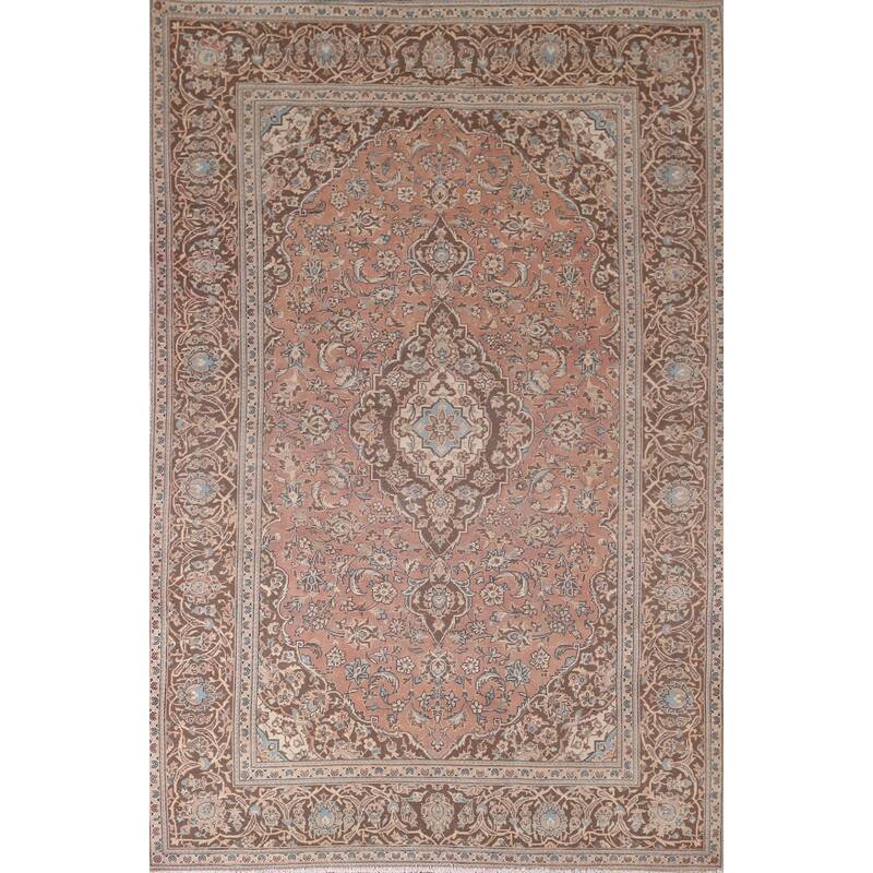 Traditional Pink Mashad Persian Vintage Rug Handmade Wool Carpet - 6'5"x 9'5"