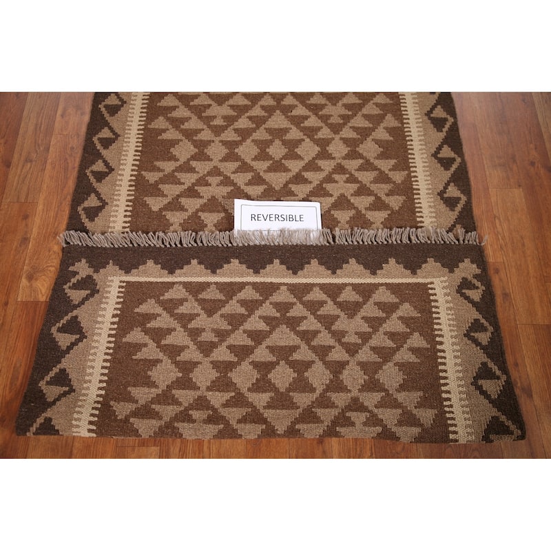 Geometric Kilim Oriental Area Rug Flat-weave Wool Carpet - 3'2" x 4'10"