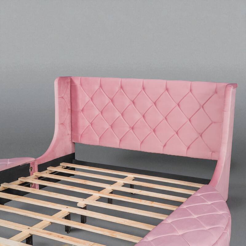 Queen Upholstered Platform Bed with Wingback Headboard, Velvet Fabric, Storage Drawer & 2 Side Storage Stools