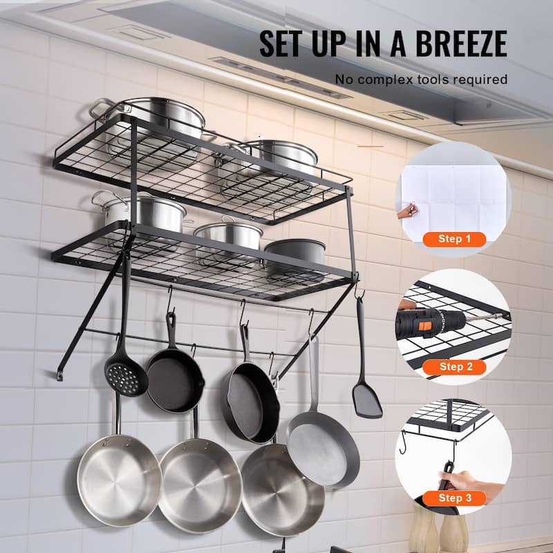 30 Inch Black Steel Wall Mounted Pot and Pan Hanging Rack with 12 S Hooks Ideal for Utensils and Cookware