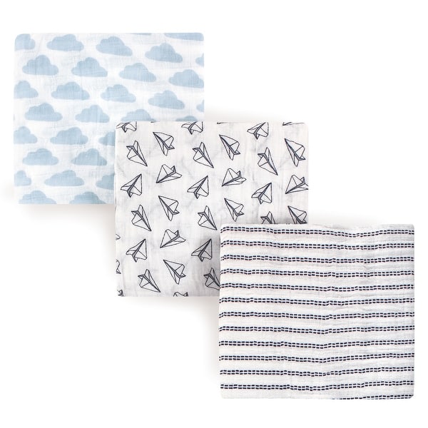 slide 1 of 1, Hudson Baby Infant Boy Cotton Muslin Swaddle Blankets, Paper Airplane, One Size - Paper Airplane - 3-Pack 3-Pack - Paper Airplane