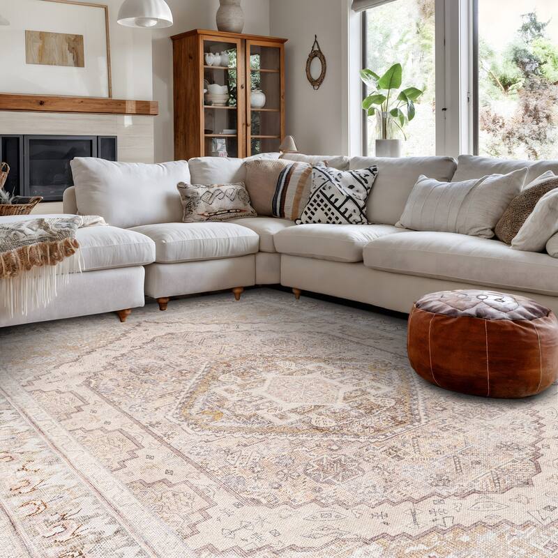 Beige Medallion Flat Pile Washable Rug - Pet Friendly, Non-Slip for Entryway and Bedroom