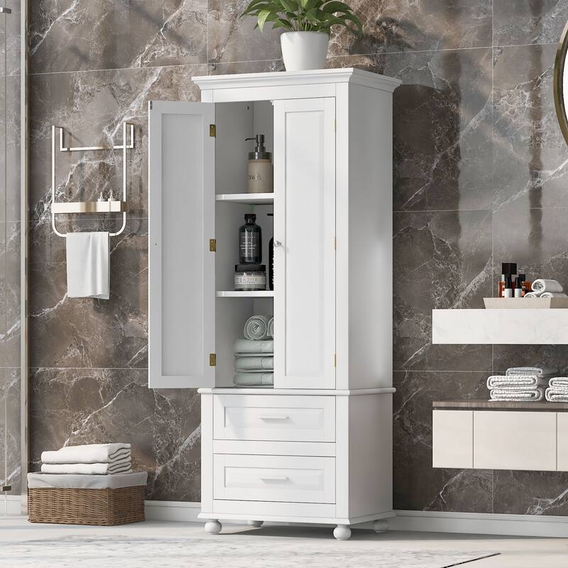 Roomfitters 64" Tall Bathroom Storage Cabinet, Modern MDF Linen Tower with 2 Large Drawers & Adjustable Shelves, White