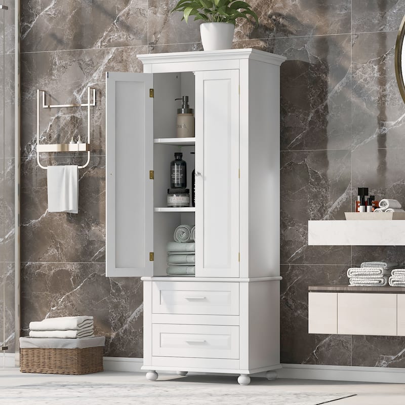 Tall Storage Cabinet with 2 Drawers for Bathroom, Office - White