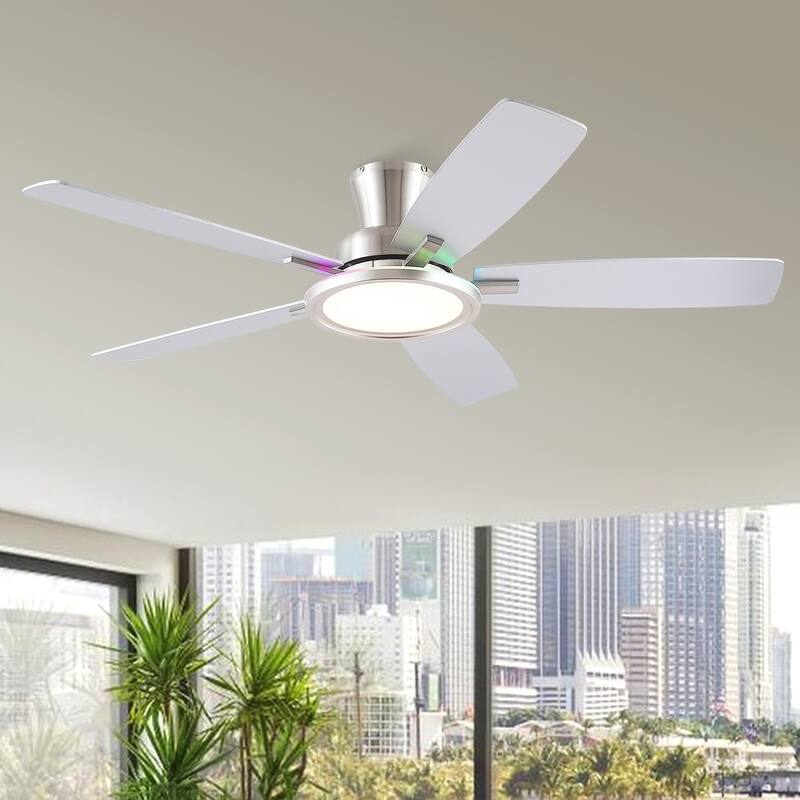 52 Inches RGB Flush Mount Ceiling Fan with Light,Reversible DC Motor for Bedroom Living Room Patio