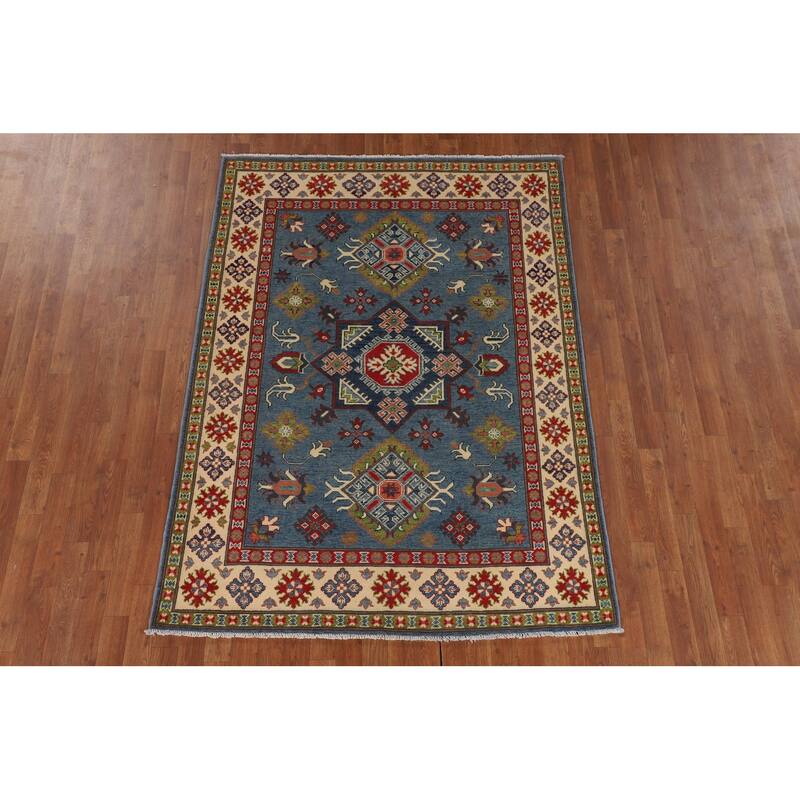 Blue Geometric Kazak Oriental Area Rug Handmade Oriental Wool Carpet - 4'11" x 6'9"