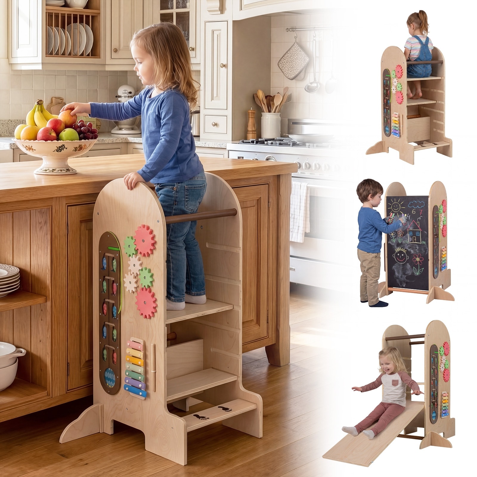Gymax Toddler Step Stool Kids Kitchen Standing Tower w/ Adjustable - Natural