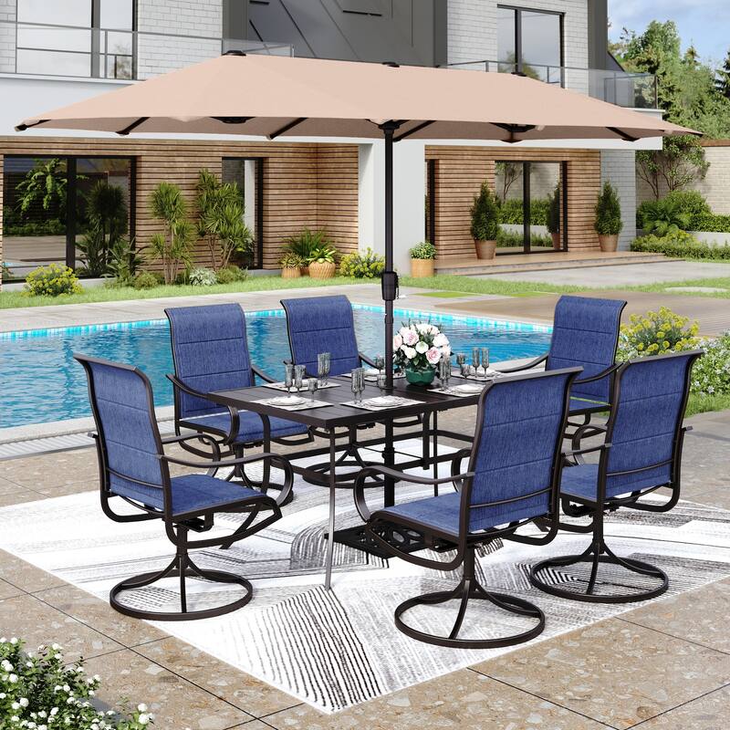 MAISON ARTS 8 PCS Patio Dining Set with 13ft Patio Umbrella - Navy Padded Chair w/ Beige Umbrella