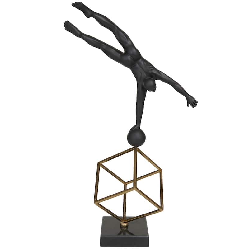 Marble Gymnast Decorative Sculpture with Gold Cube Base - Black - Roche River Decor