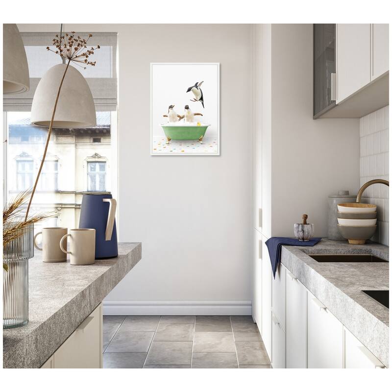 Kate and Laurel Sylvie Penguins in Green Bathtub on Colored Tile Framed Canvas by Amy Peterson