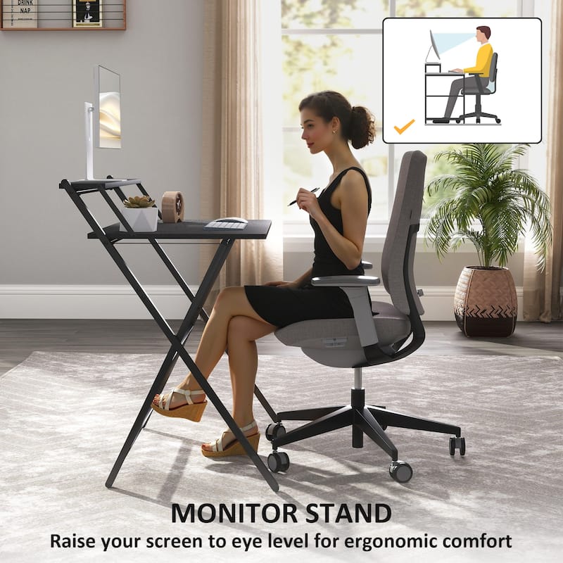 HOMCOM Small Folding Desk, 32 Inch Foldable Computer Desk with Monitor Shelf, Space Saving Portable Writing Table