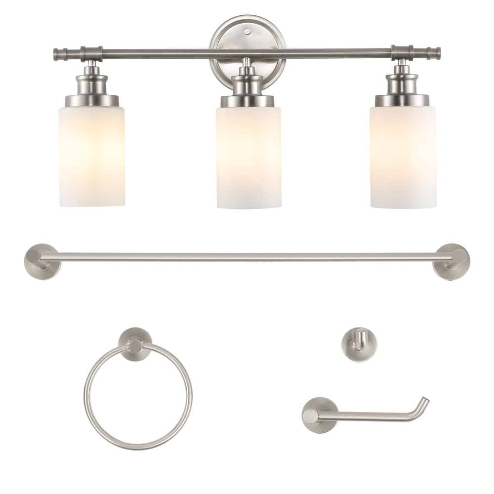 Hugo 23.25" 3-Light Classic Vanity Light with Frosted Glass Shades and Bathroom Hardware Accessory Set, (5-Piece) by JONATHAN Y