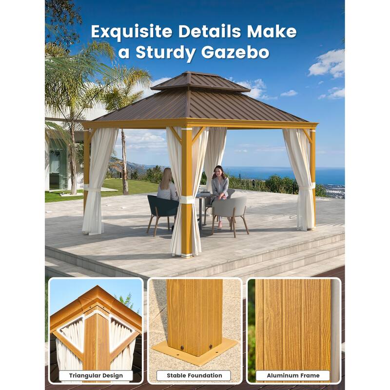 EROMMY Hardtop Gazebo W/Steel Double Roof, Anti-Rust Coating Aluminum Frame Permanent, Hard Top Gazebo for Garden Lawn Parties