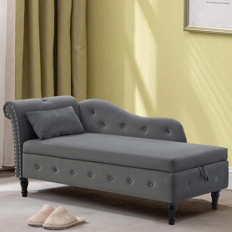 60"W Velvet Tufted Chaise Lounge, Storage Chaise Sofa, Solid Wood Leg - 25"D x 60"W x 27"H