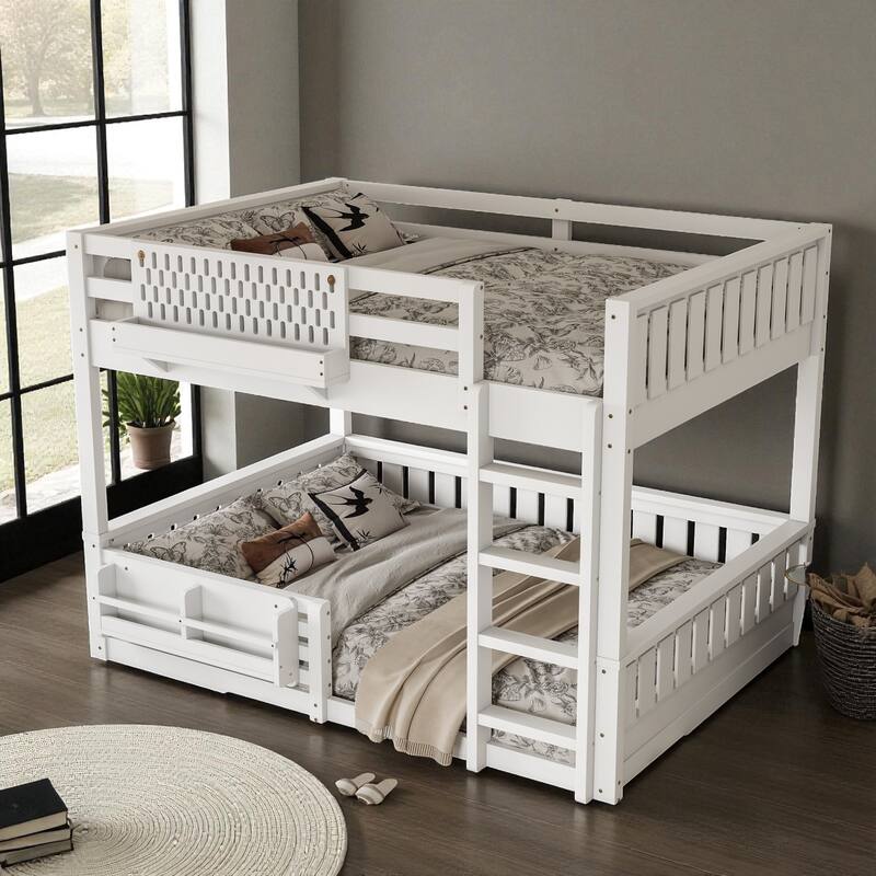 Queen over Queen Bunk Bed with Ladder, Guardrails, Pegboard Storage & Built-In Bookshelf, Solid Wood Frame