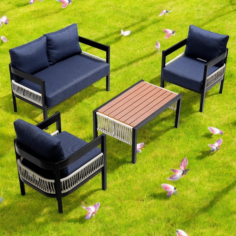 Outdoor Iron Sofa Set with Table, Rattan Accents, Waterproof and Rust-Proof - Ideal for Gardens, Patios, and Lawns