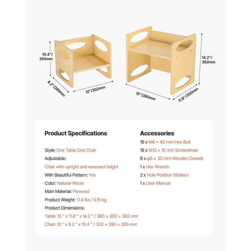 Natural Wood Plywood Montessori Table Chair Set with Pattern & Adjustability - 15 x 11.8 x 14.2 in