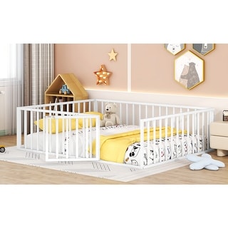 White Queen Size Metal Floor Bed Frame with Fence and Door
