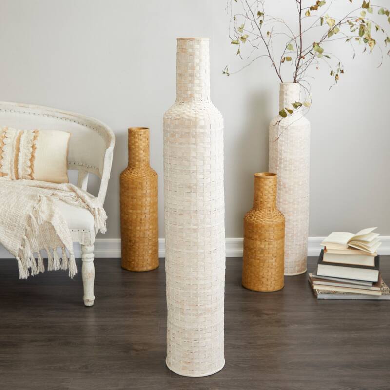 Intricately Woven Tall Bamboo Wood Floor Vase - White or Brown - White - 9"W, 48"H