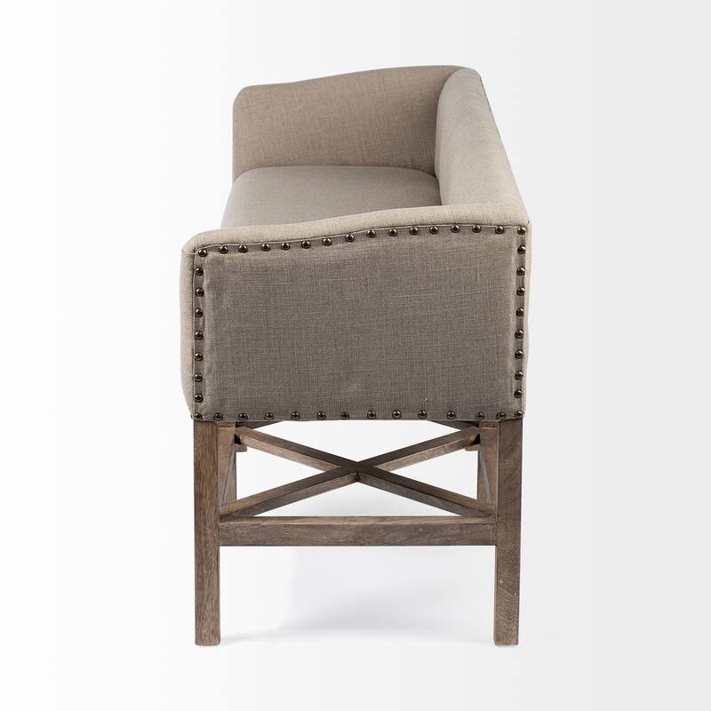 HomeRoots Rectangular Mango Woodlight Brown Finish W Beige Fabric Covered Seat Accent Bench - 27