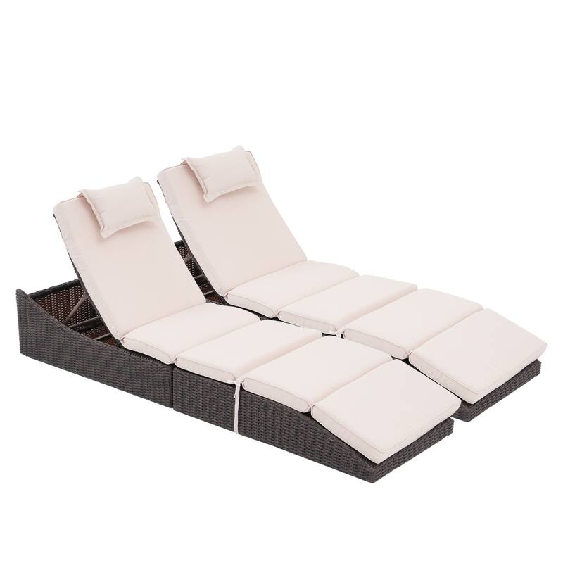 2 Pieces Wicker Cushioned Chaise Lounge Adjustable Recliner