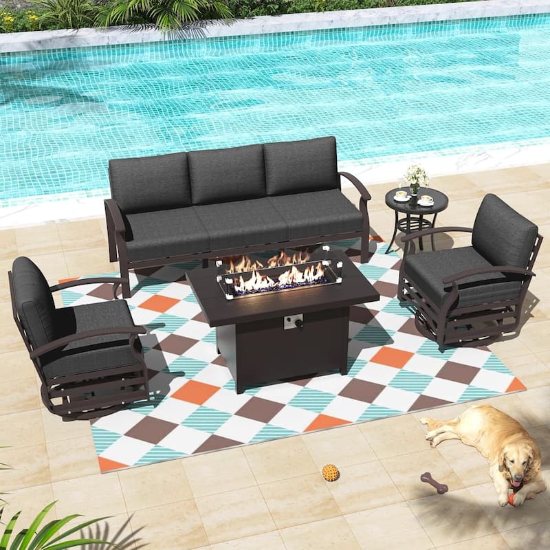 Aluminum Patio Furniture Set with FirePit Ottomans Swivel Chairs,Sectional Sofa with Thick Seat Cushions for Porch Garden - 5-Seats w/Swivel - Black