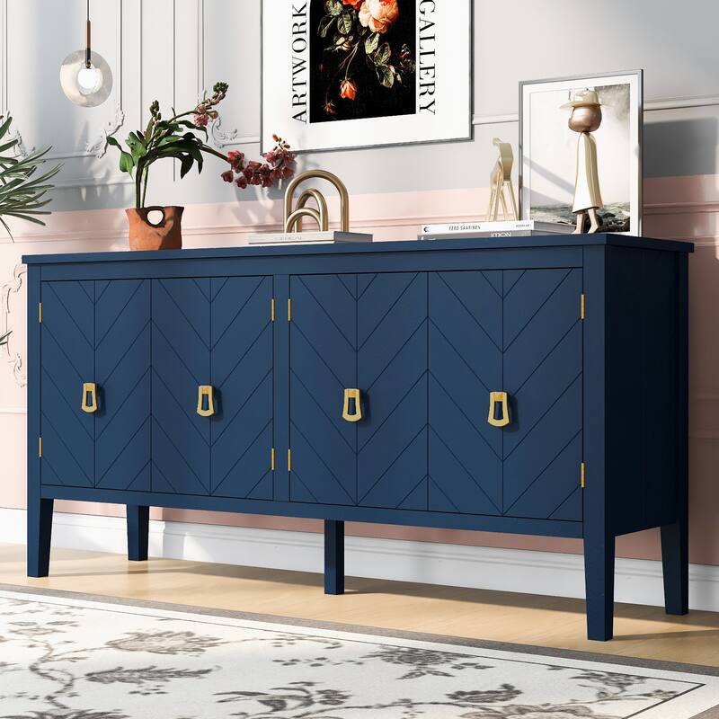 Elegant Four-Door Sideboard Buffet Cabinet Featuring Intricate Geometric Designs and Retro Handles, for Living Dining Rooms