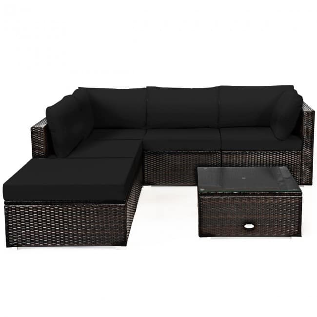 6 Pieces Outdoor Patio Rattan Furniture Set Sofa Ottoman with Coffee Table - 30'' x 30'' x 26''(L x W x H)